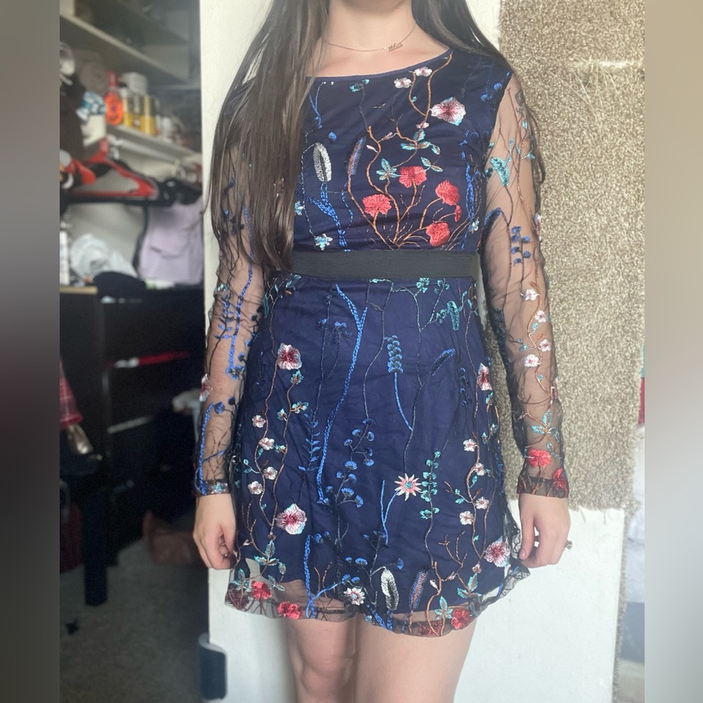 Navy Embroidered Long Sleeve Dress with Black Elastic Belt Sewn In